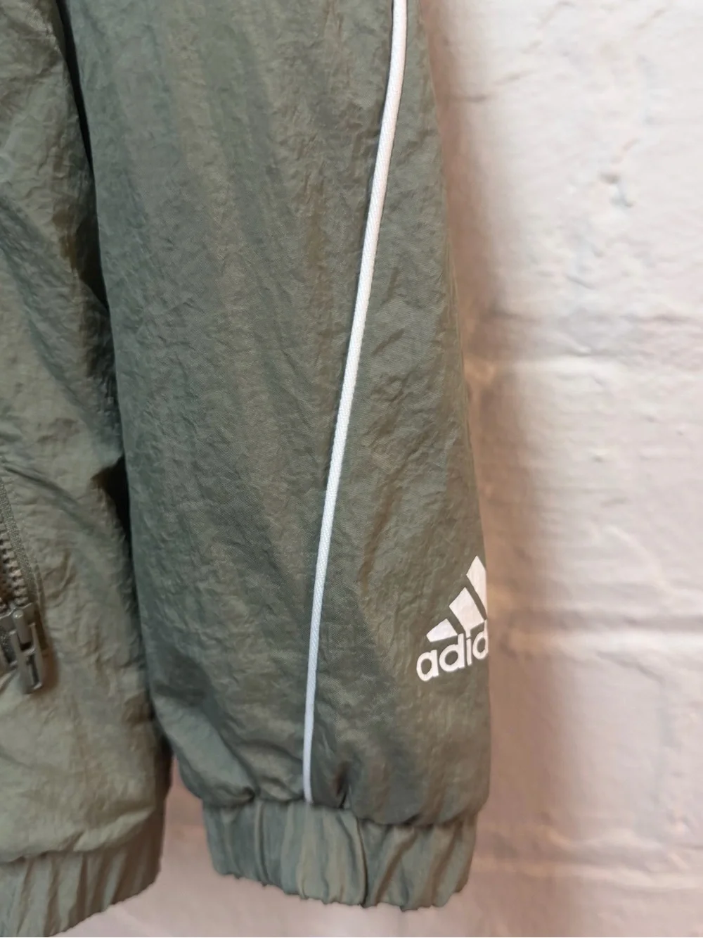 Vintage adidas Olive Green Hooded Windbreaker with White Stripe Detail